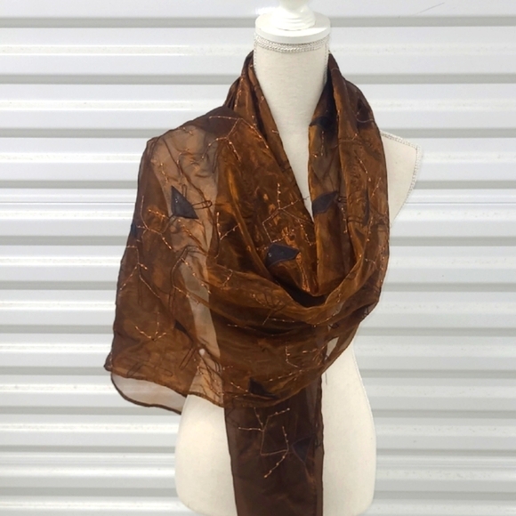 Scarf Adorned W Silk Appliques Embroidery Sequins Copper Chiffon - Picture 1 of 11